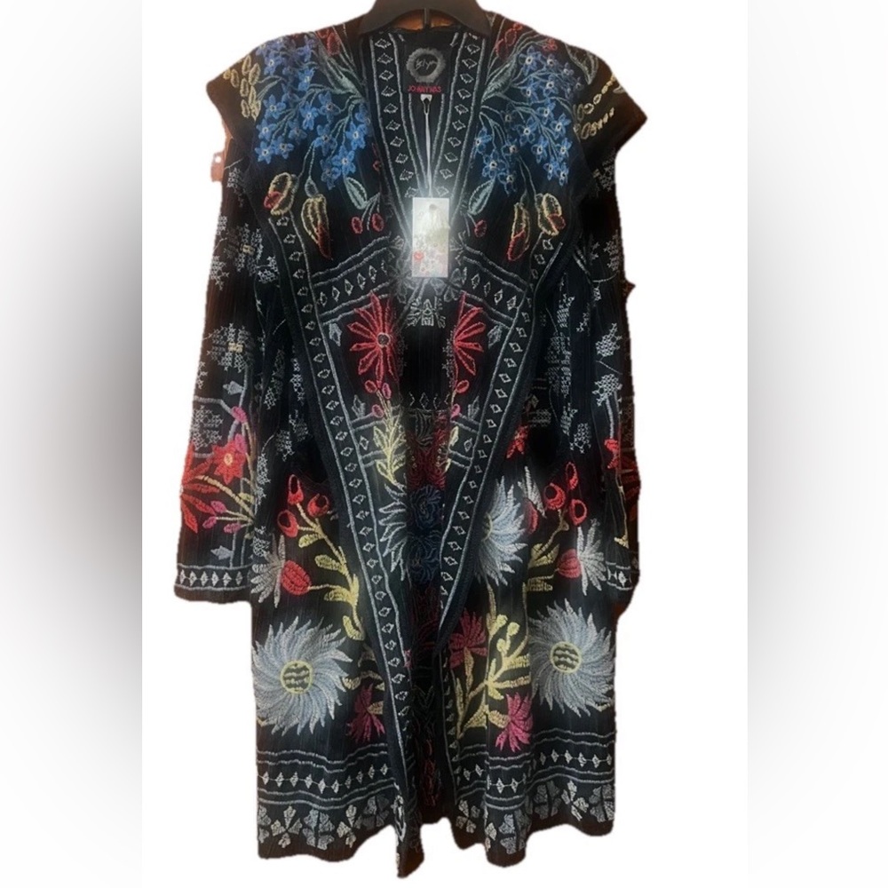 Johnny Was Black Floral Embroidered Long Cardigan